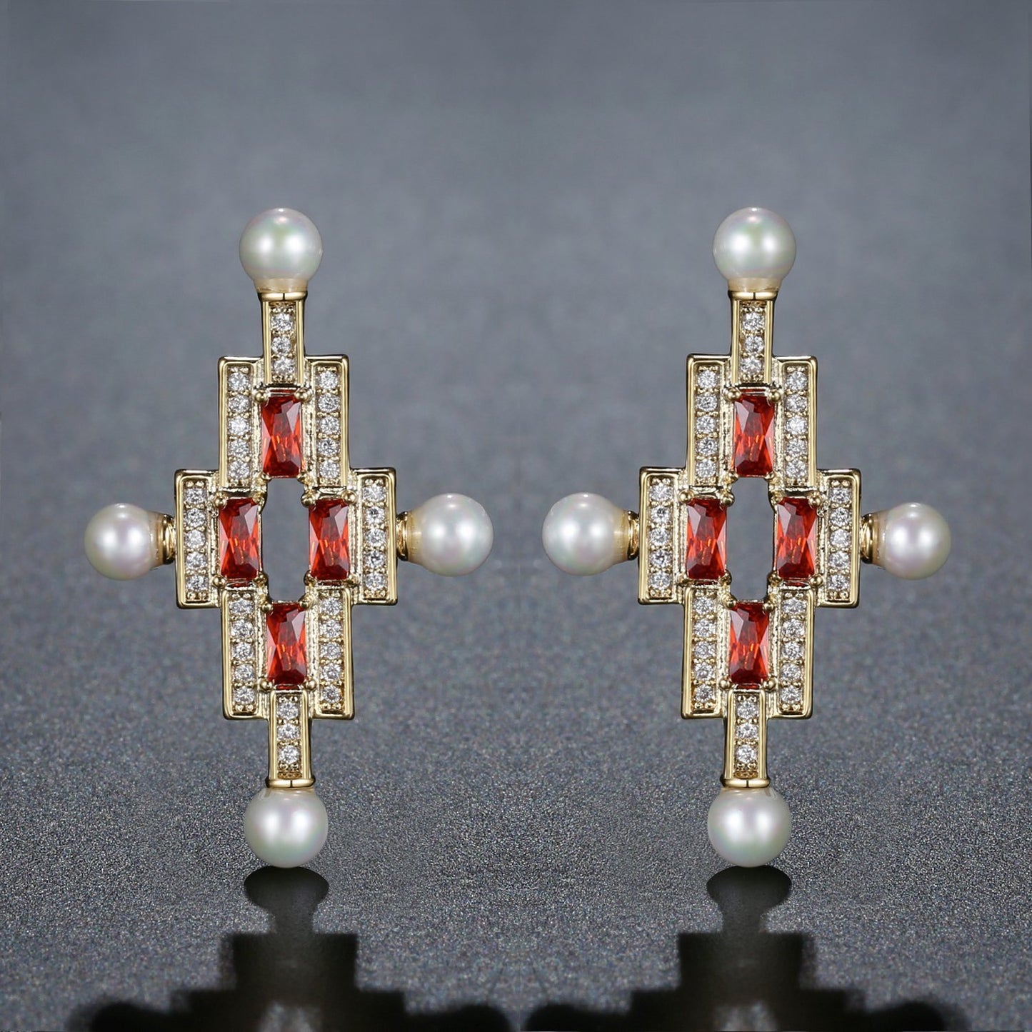 Red Cross Pearl Stud Earrings -KPE0387 - KHAISTA Fashion Jewellery