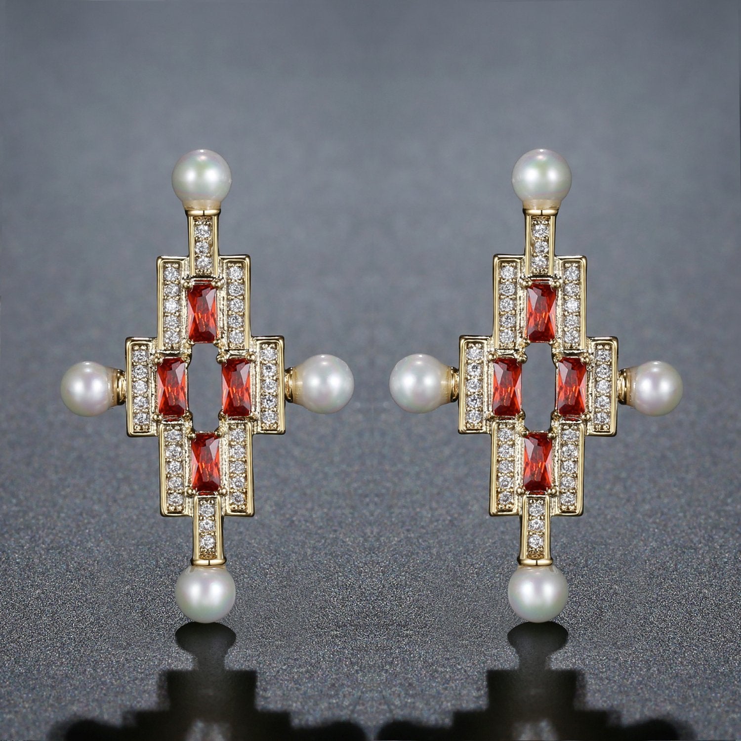 Red Cross Pearl Stud Earrings -KPE0387 - KHAISTA Fashion Jewellery