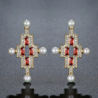 Red Cross Pearl Stud Earrings -KPE0387 - KHAISTA Fashion Jewellery