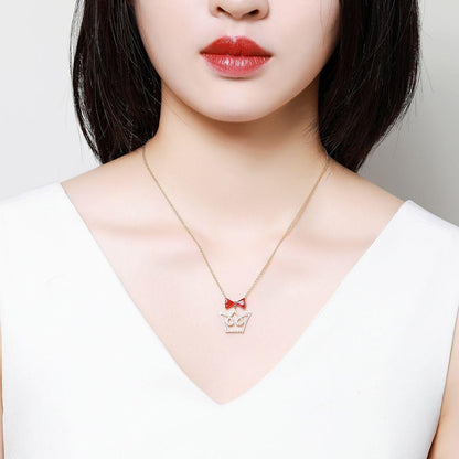 Red Cubic Zirconia Bowknot Crown Pendant Necklace -KFJN0293 - KHAISTA3