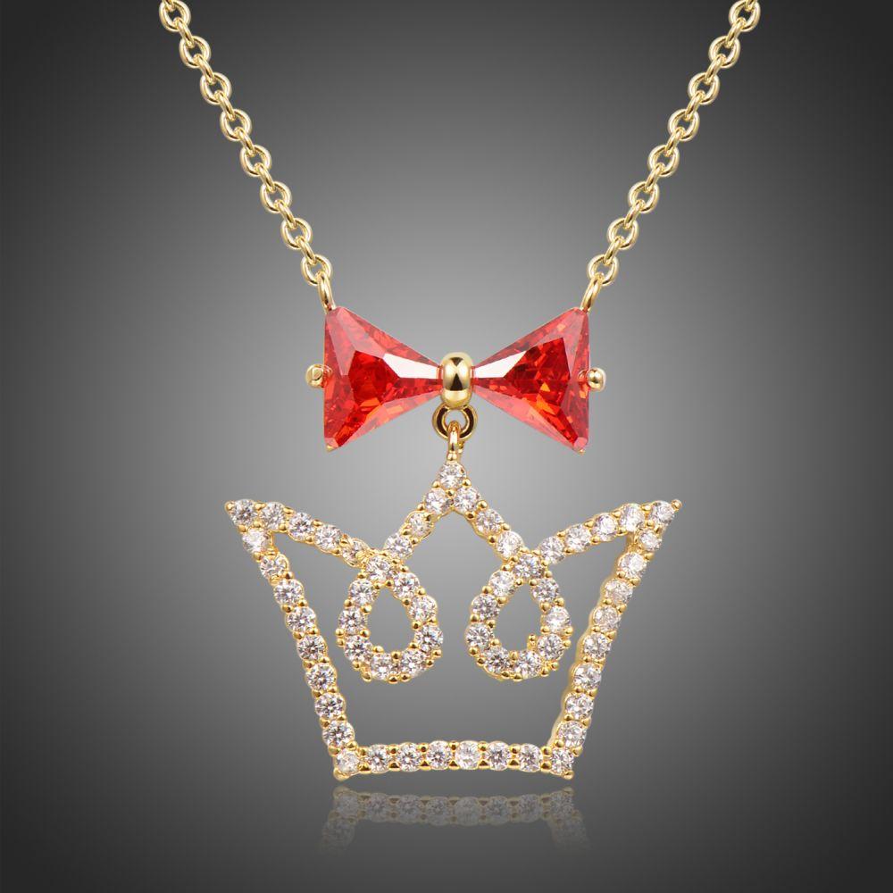 Red Cubic Zirconia Bowknot Crown Pendant Necklace -KFJN0293 - KHAISTA5