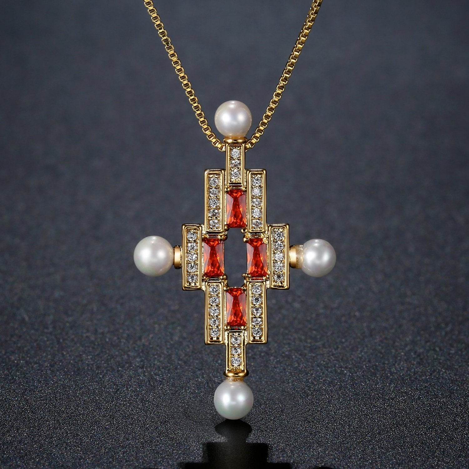 Red Cubic Zirconia Cross Pearl Pendant Necklace KPN0277 - KHAISTA Fashion Jewellery