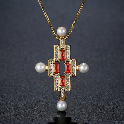 Red Cubic Zirconia Cross Pearl Pendant Necklace KPN0277 - KHAISTA Fashion Jewellery