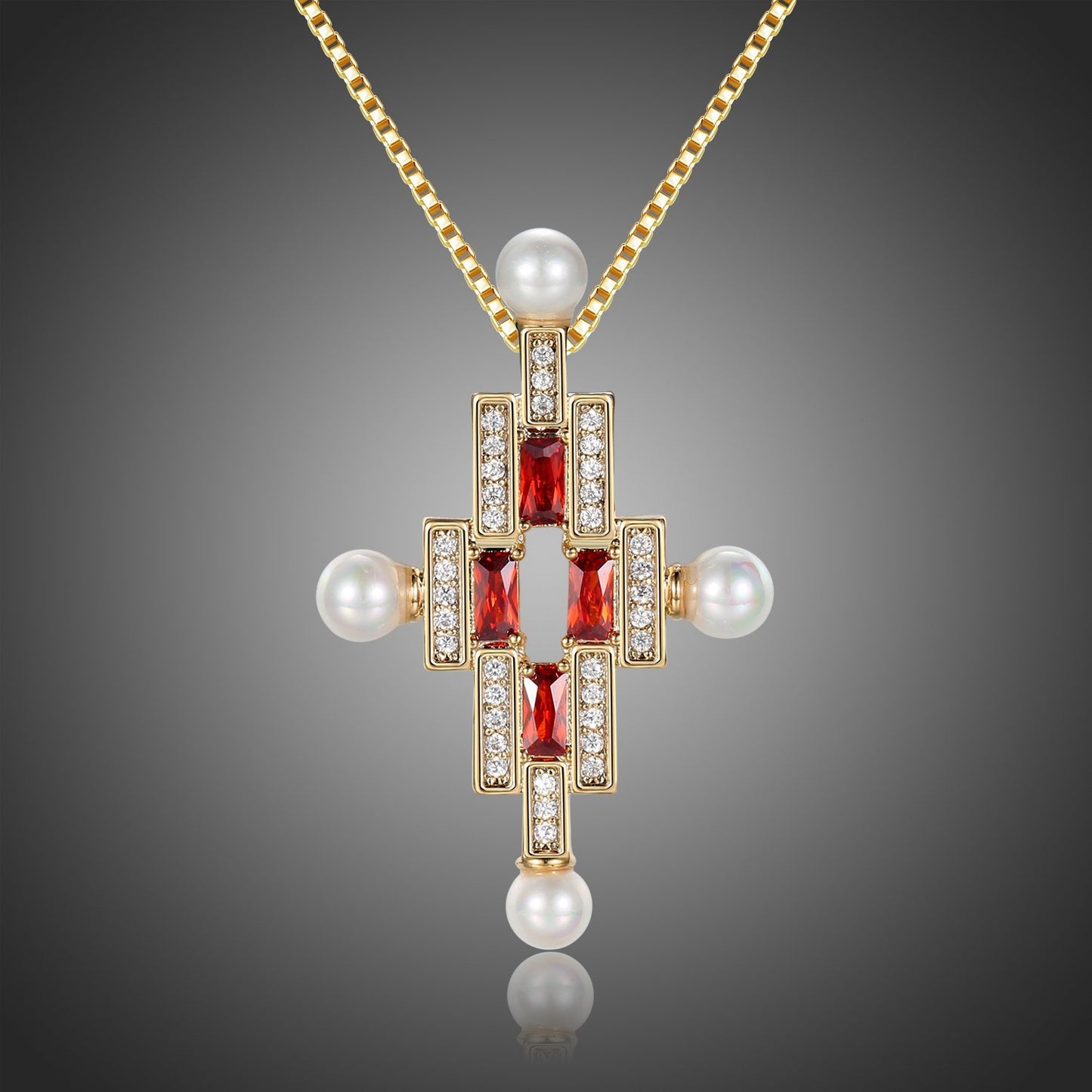 Red Cubic Zirconia Cross Pearl Pendant Necklace KPN0277 - KHAISTA Fashion Jewellery