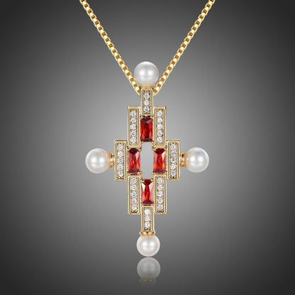 Red Cubic Zirconia Cross Pearl Pendant Necklace KPN0277 - KHAISTA Fashion Jewellery