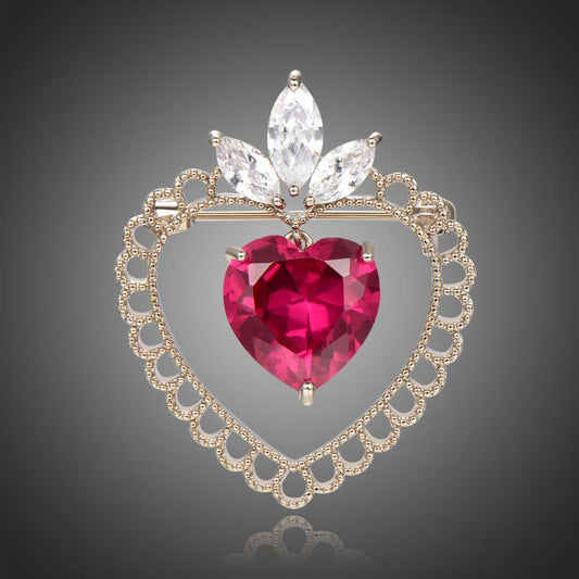 Red Cubic Zirconia Double Heart Brooch -KFJB0110 - KHAISTA1