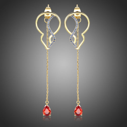 Red Cubic Zirconia Long Drop Earrings -KPE0392 - KHAISTA Fashion Jewellery