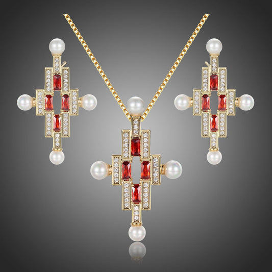 Red Cubic Zirconia Pearl Cross Necklace Earrings Bridal Jewelry Set - KHAISTA Fashion Jewellery