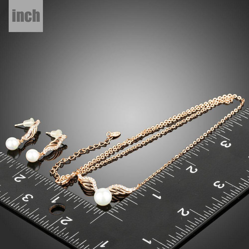 Rose Gold Angel Wings and Simulated Pearl Necklace and Earrings Set - KHAISTA Fashion Jewellery