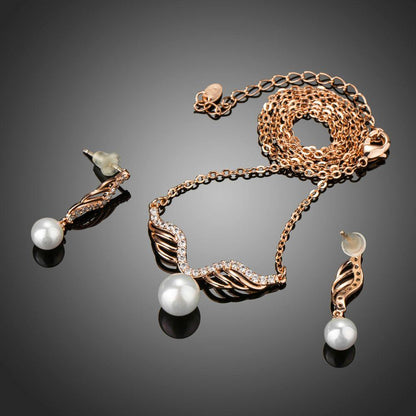 Rose Gold Angel Wings and Simulated Pearl Necklace and Earrings Set - KHAISTA Fashion Jewellery