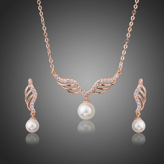 Rose Gold Angel Wings and Simulated Pearl Necklace and Earrings Set - KHAISTA Fashion Jewellery