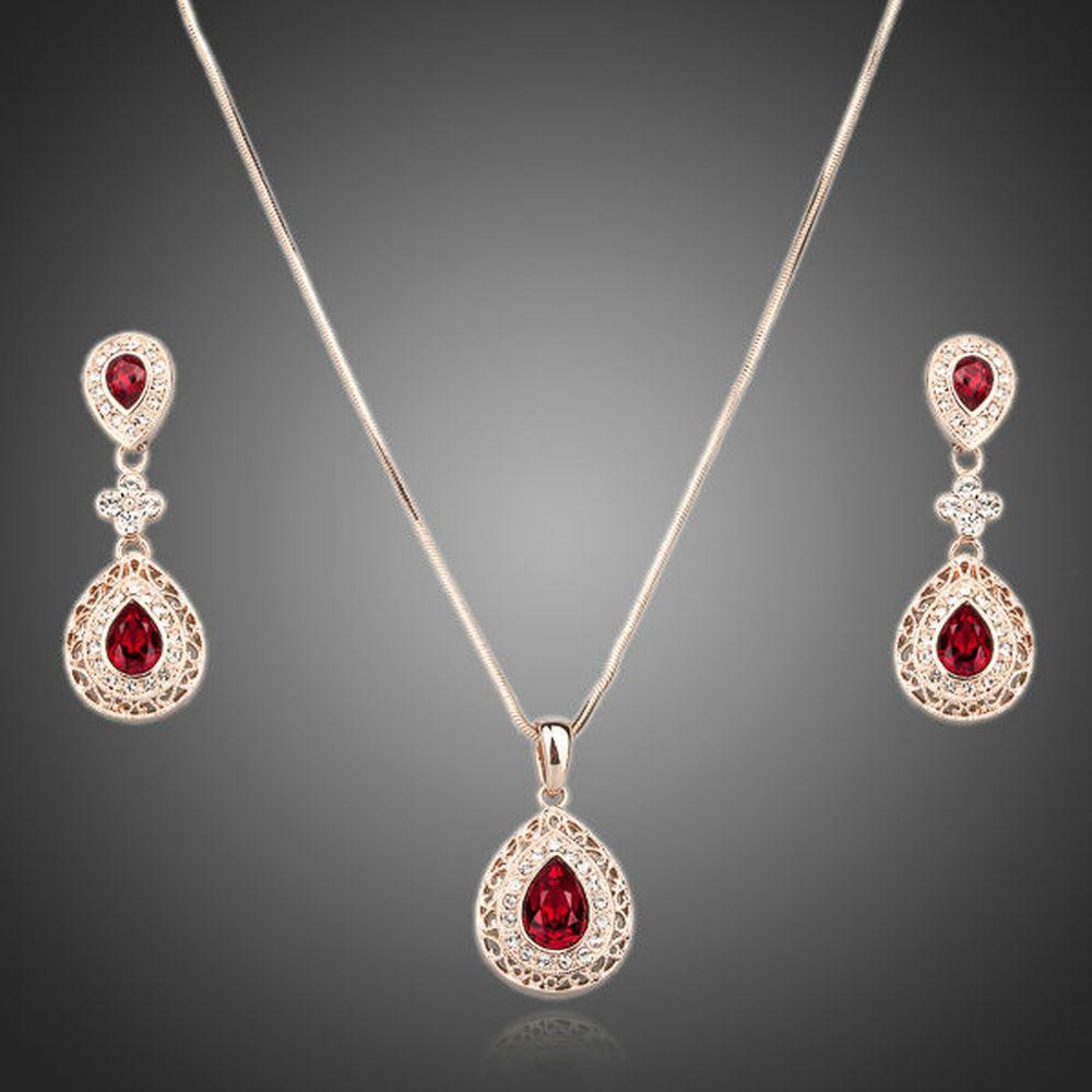 Rose Gold Carved Red Crystal Drop Necklace and Earrings Set - KHAISTA Fashion Jewellery