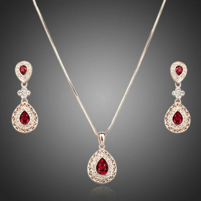 Rose Gold Carved Red Crystal Drop Necklace and Earrings Set - KHAISTA Fashion Jewellery