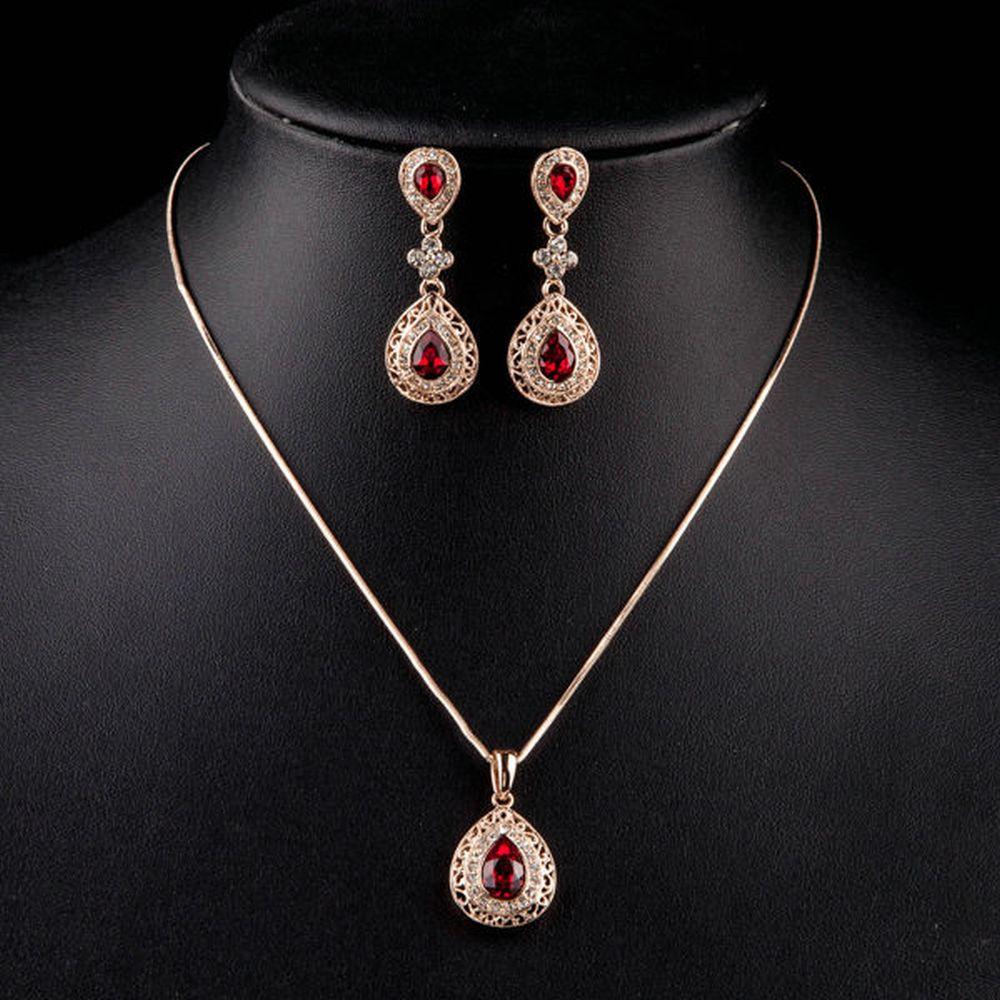 Rose Gold Carved Red Crystal Drop Necklace and Earrings Set - KHAISTA Fashion Jewellery