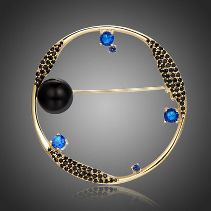 Round Blue Cubic Zirconia Stars and Black Pearl Earth Brooch -KFJB0105 - KHAISTA1