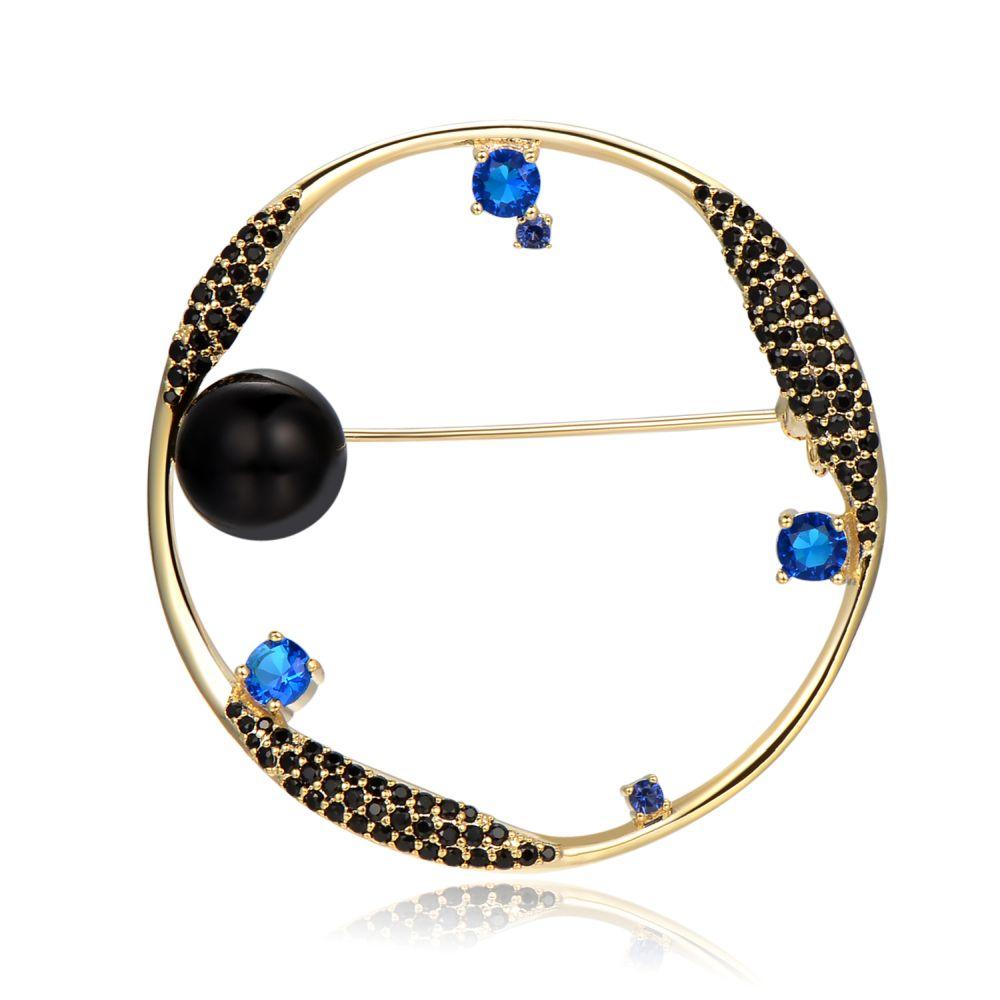 Round Blue Cubic Zirconia Stars and Black Pearl Earth Brooch -KFJB0105 - KHAISTA5