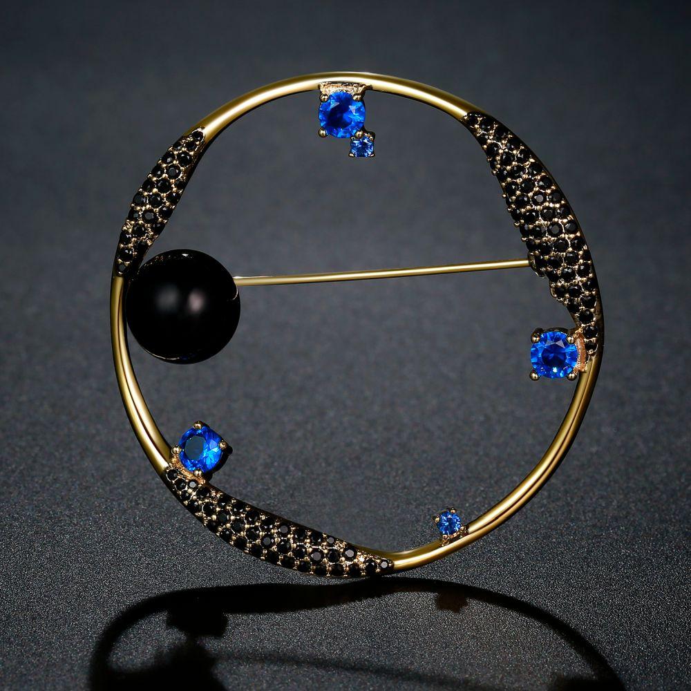 Round Blue Cubic Zirconia Stars and Black Pearl Earth Brooch -KFJB0105 - KHAISTA2