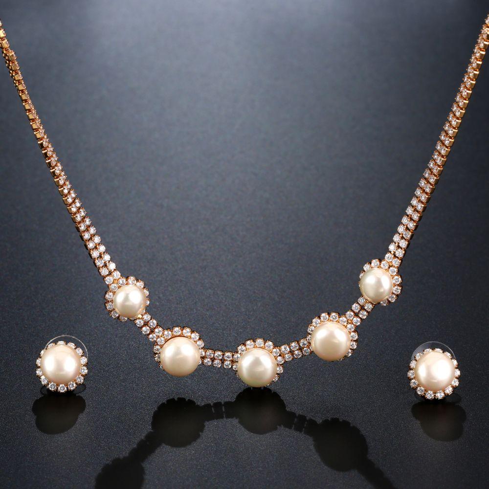 Round Clear Cubic Zirconia Luxury Women Wedding Pearl Flower Jewelry Set - KHAISTA Fashion Jewellery