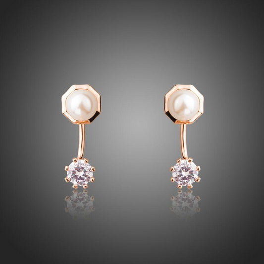 Round Cubic Zirconia Simulated Pearl Stud Earrings -KPE0302 - KHAISTA Fashion Jewellery