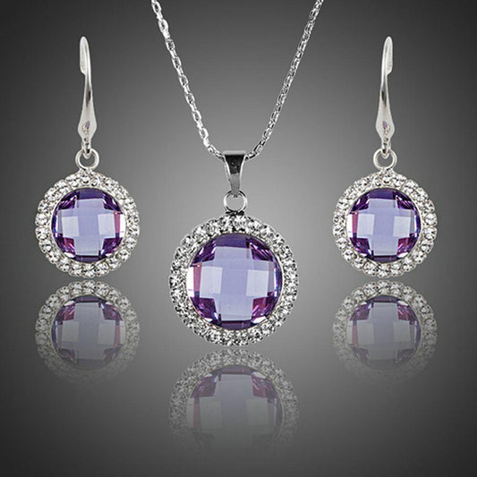 Round Purple Crystal Drop Earrings and Pendant Necklace Set - KHAISTA Fashion Jewellery