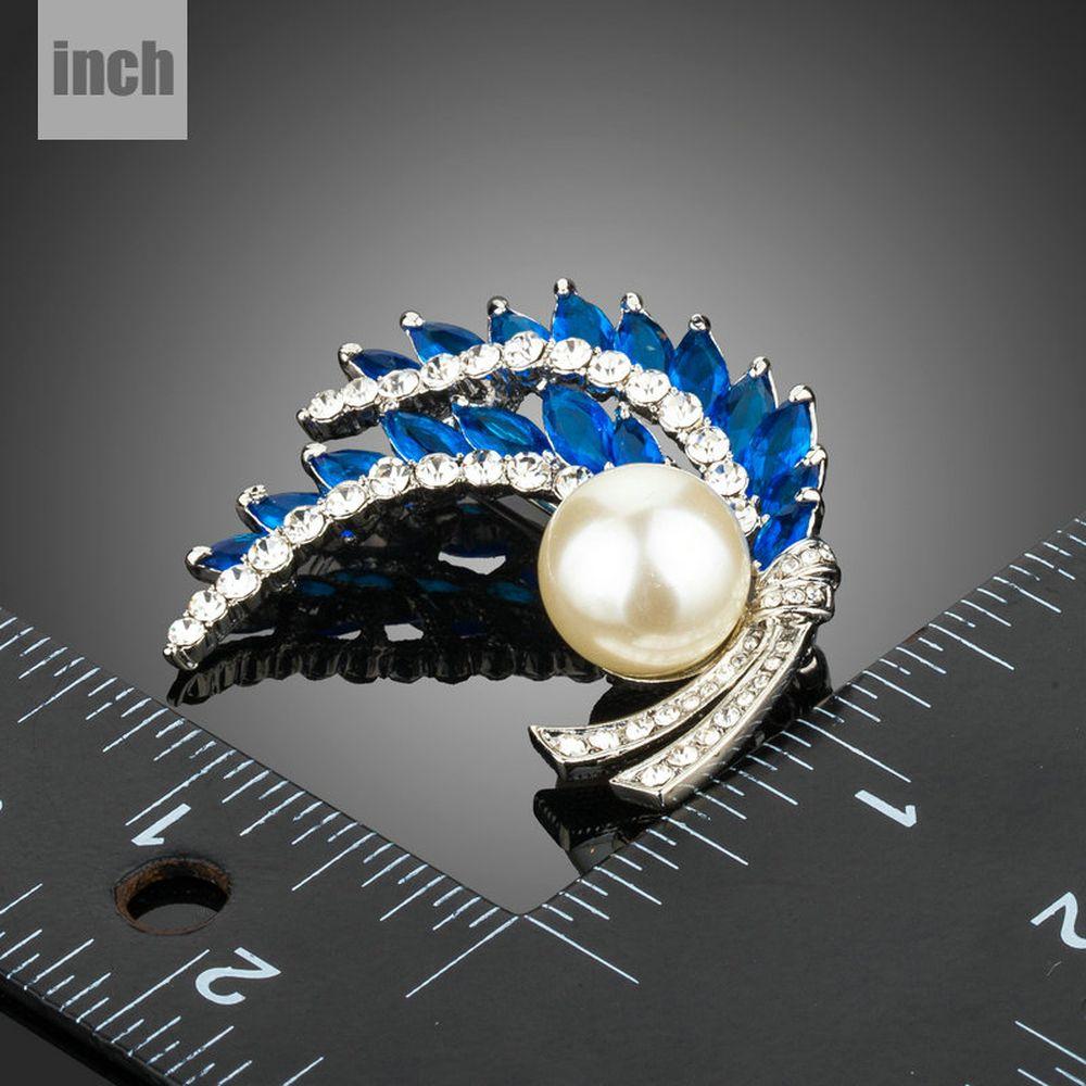 Royal Blue Leaves Clear Rhinestone Cubic Zirconia Stimulated Pearl Fashion Brooch - KHAISTA Fashion Jewellery