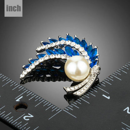 Royal Blue Leaves Clear Rhinestone Cubic Zirconia Stimulated Pearl Fashion Brooch - KHAISTA Fashion Jewellery