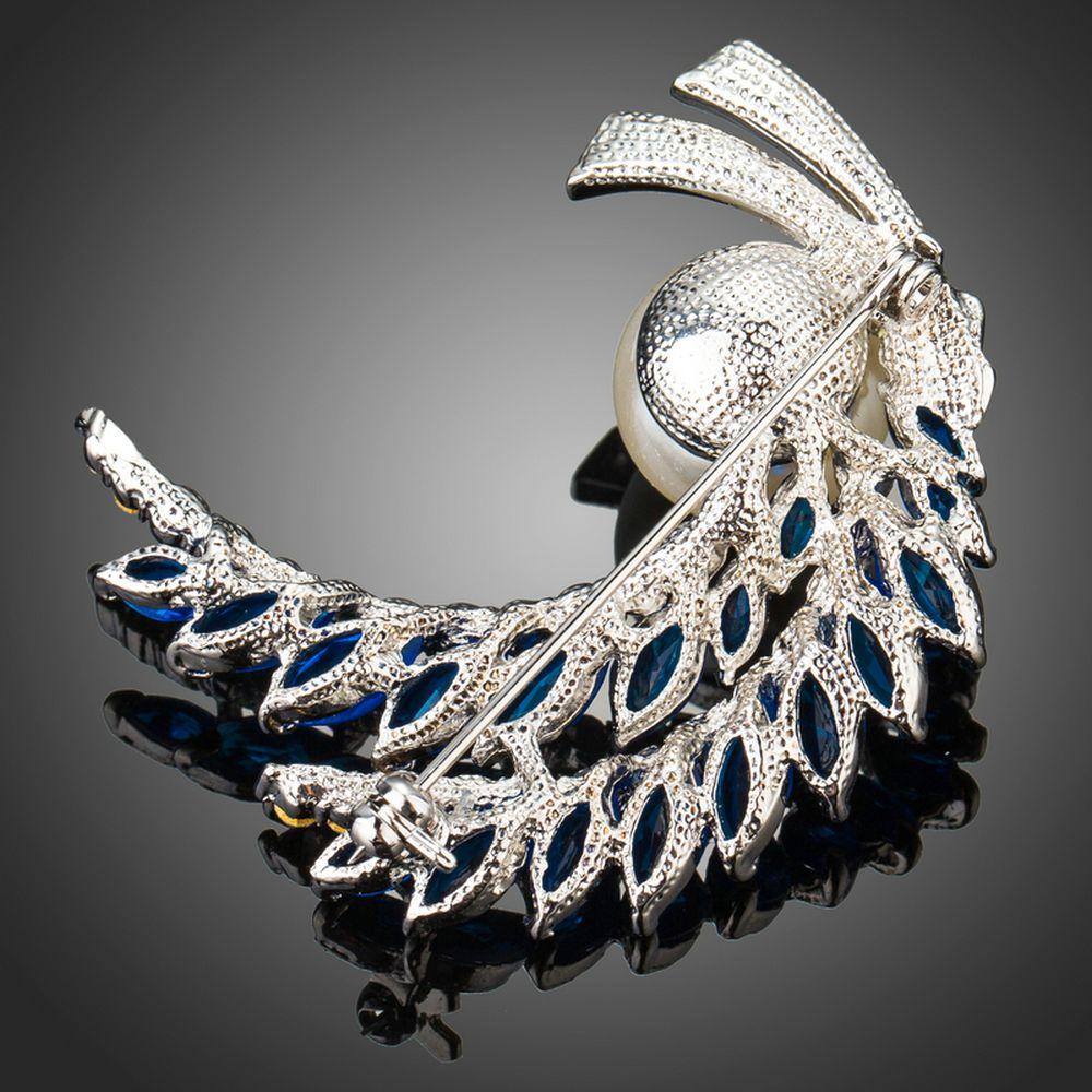 Royal Blue Leaves Clear Rhinestone Cubic Zirconia Stimulated Pearl Fashion Brooch - KHAISTA Fashion Jewellery