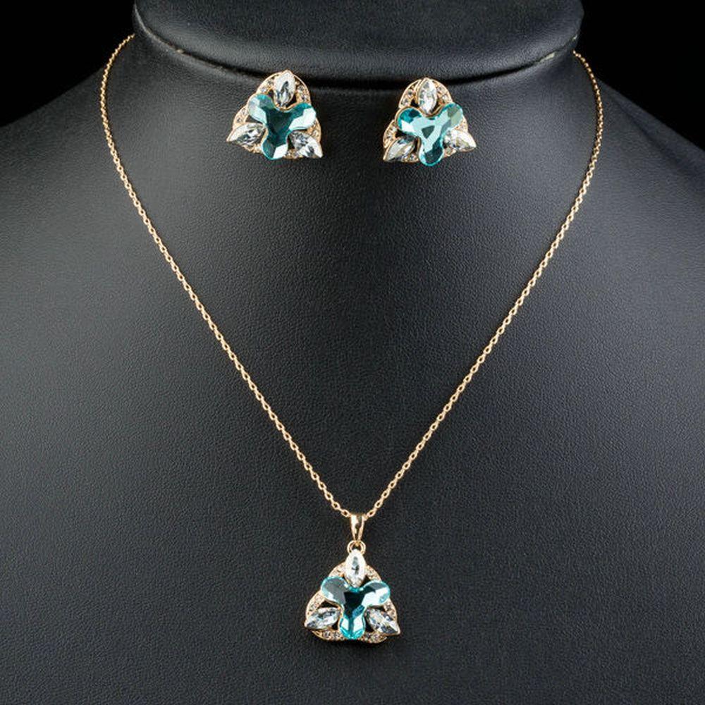Sea Blue Flower Stud Earrings and Pendant Necklace Set - KHAISTA Fashion Jewellery