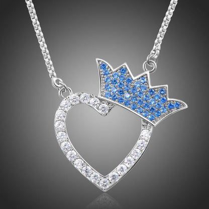 Silver Heart Crown Shaped Cubic Zirconia Necklace - KHAISTA Fashion Jewellery