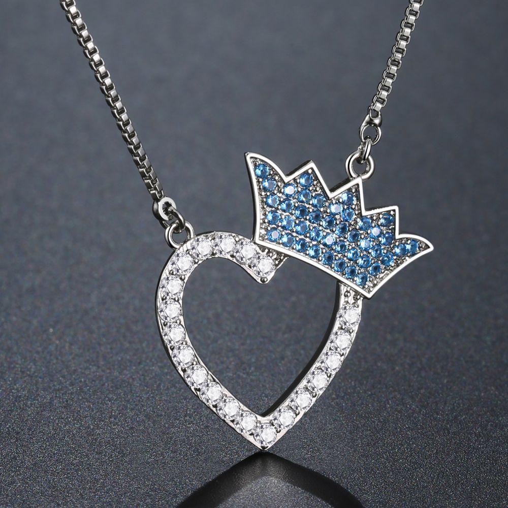 Silver Heart Crown Shaped Cubic Zirconia Necklace - KHAISTA Fashion Jewellery