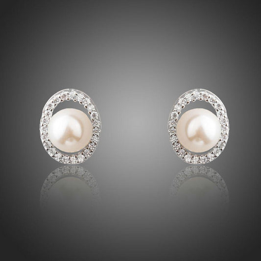 Simulated Pearl Crystals Stud Earrings -KPE0277 - KHAISTA Fashion Jewellery