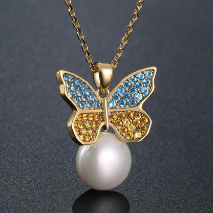 Sitting Golden Butterfly On Snow Pearl Necklace Pendant - KHAISTA Fashion Jewellery