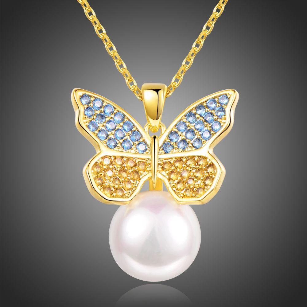 Sitting Golden Butterfly On Snow Pearl Necklace Pendant - KHAISTA Fashion Jewellery