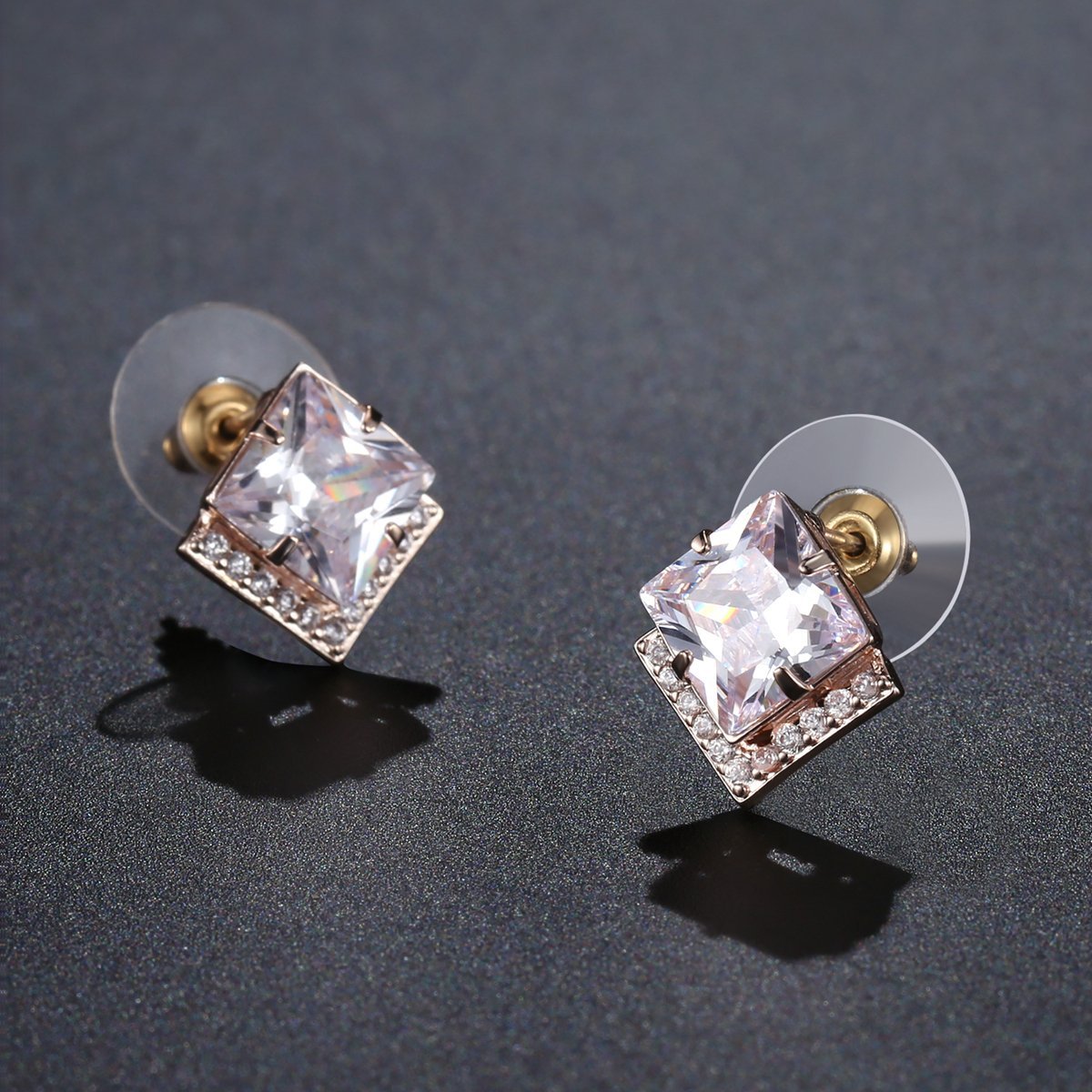 Square Cut Cubic Zirconia Stud Earrings -KPE0316 - KHAISTA Fashion Jewellery