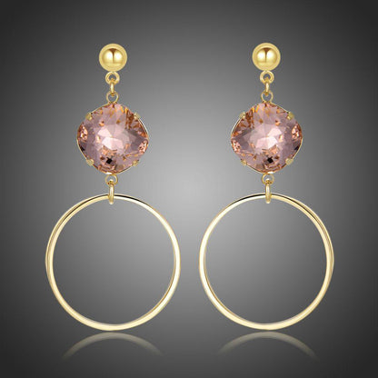 Square Pink Austrian Crystals Circle Drop Earrings -KFJE0413 - KHAISTA1