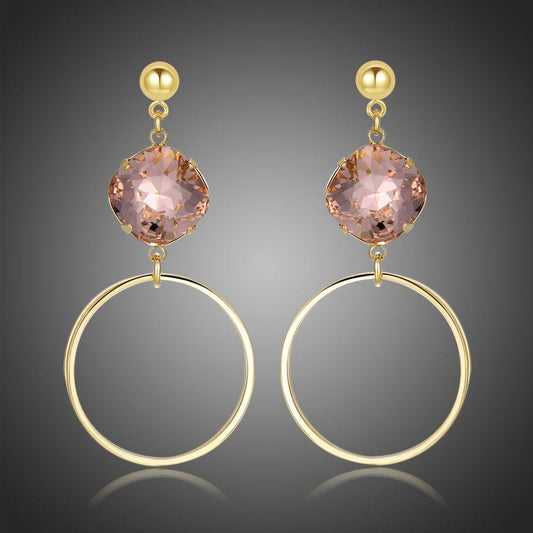 Square Pink Austrian Crystals Circle Drop Earrings -KFJE0413 - KHAISTA1