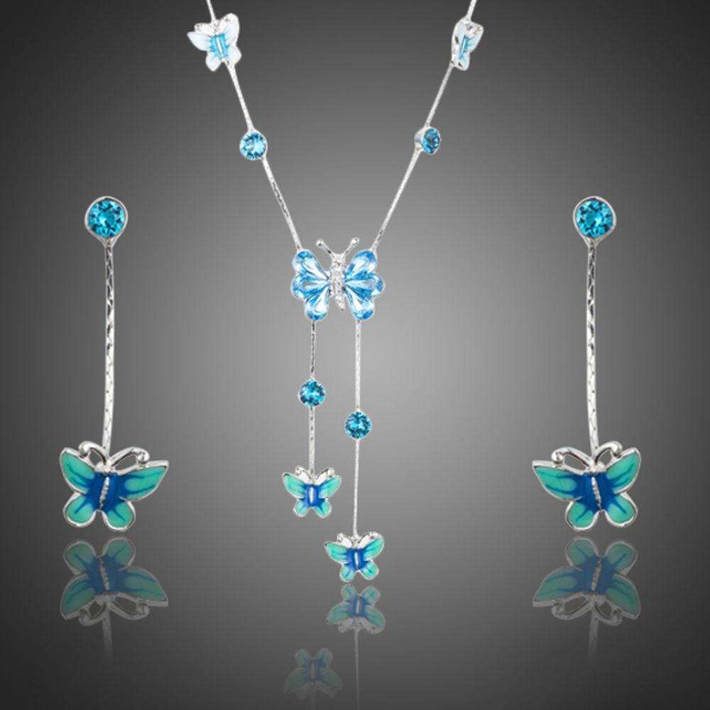 Stellux Austrian Crystal Butterfly Oil Painting Pattern Drop Earrings and Necklace Set - KHAISTA Fashion Jewellery