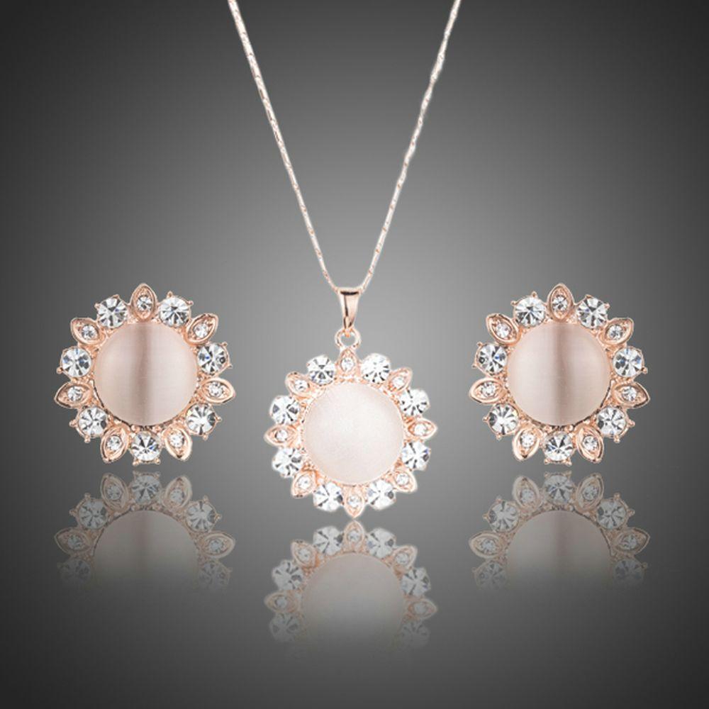 Sun Opal Stud Earrings and Pendant Necklace Set - KHAISTA Fashion Jewellery