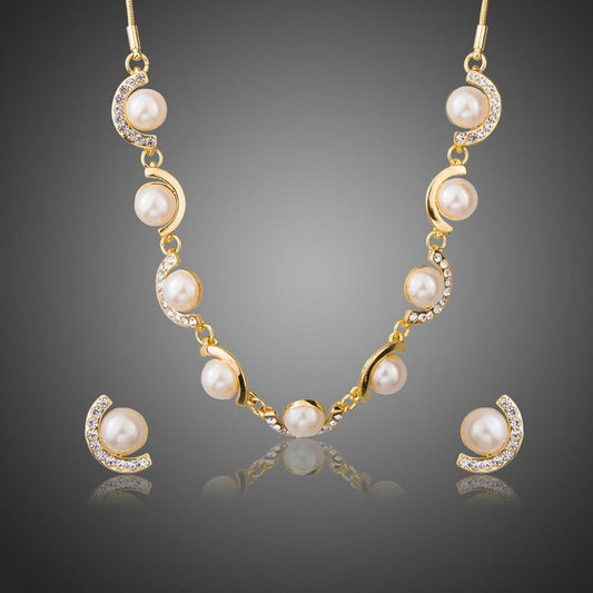 Synthetic Pearls Charm Necklace and Earrings Set - KHAISTA Fashion Jewellery