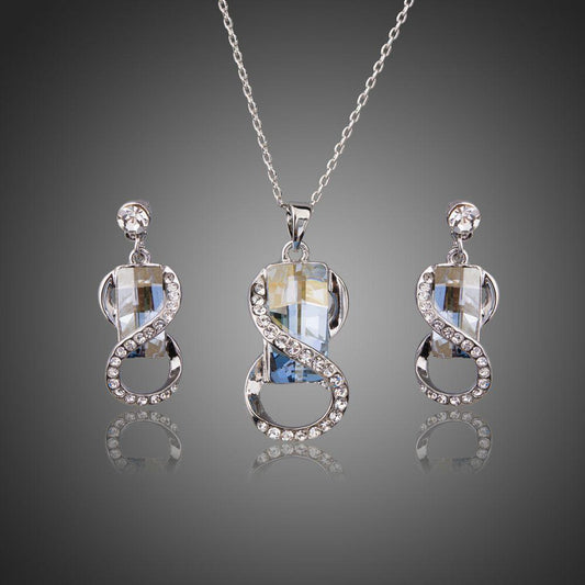 White Gold Color Big Blue Crystal with Necklaces & Earring Jewelry Set - KHAISTA Fashion Jewellery
