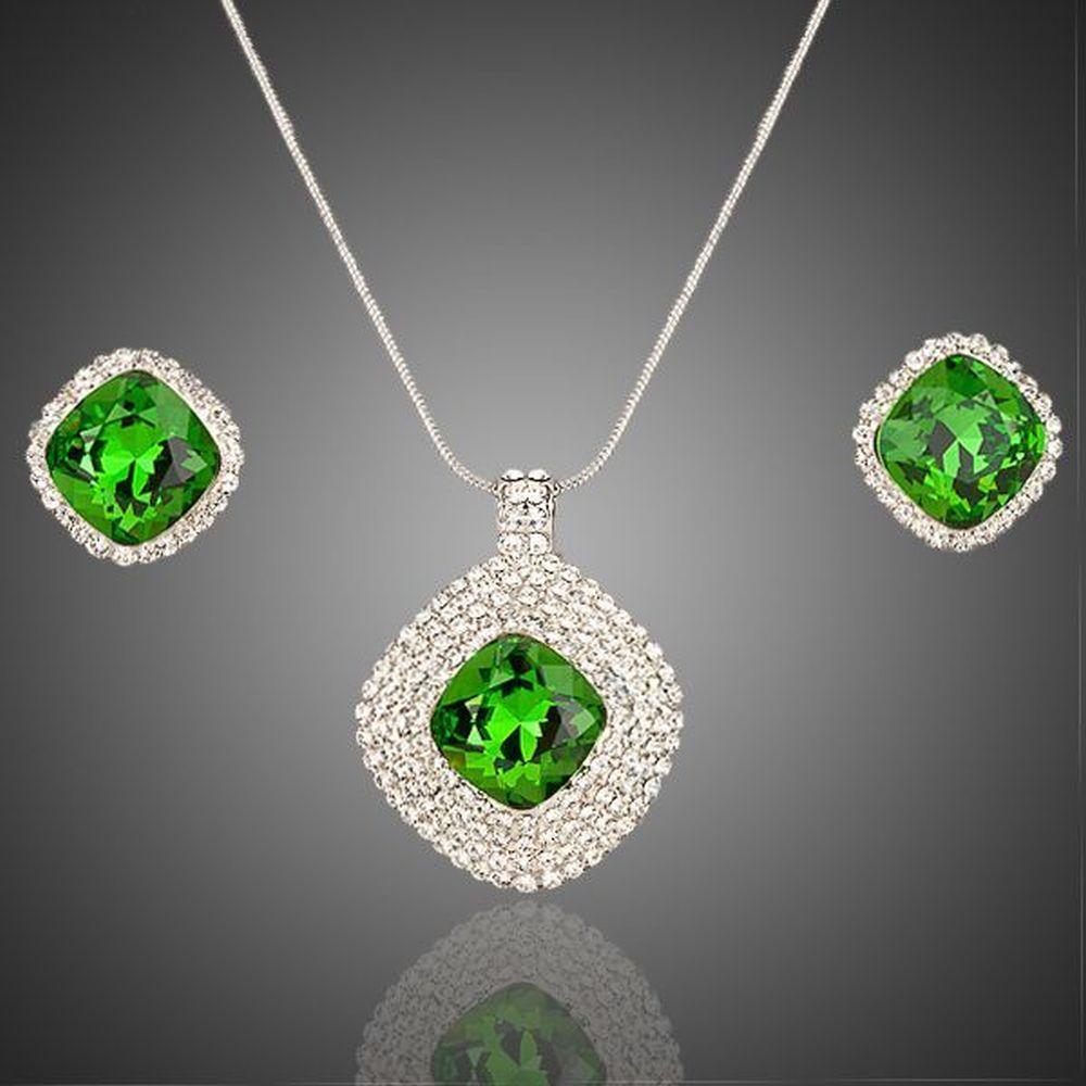 White Gold Green Rectangular Stellux Crystal Hoop Earrings and Necklace Set - KHAISTA Fashion Jewellery