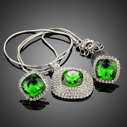 White Gold Green Rectangular Stellux Crystal Hoop Earrings and Necklace Set - KHAISTA Fashion Jewellery