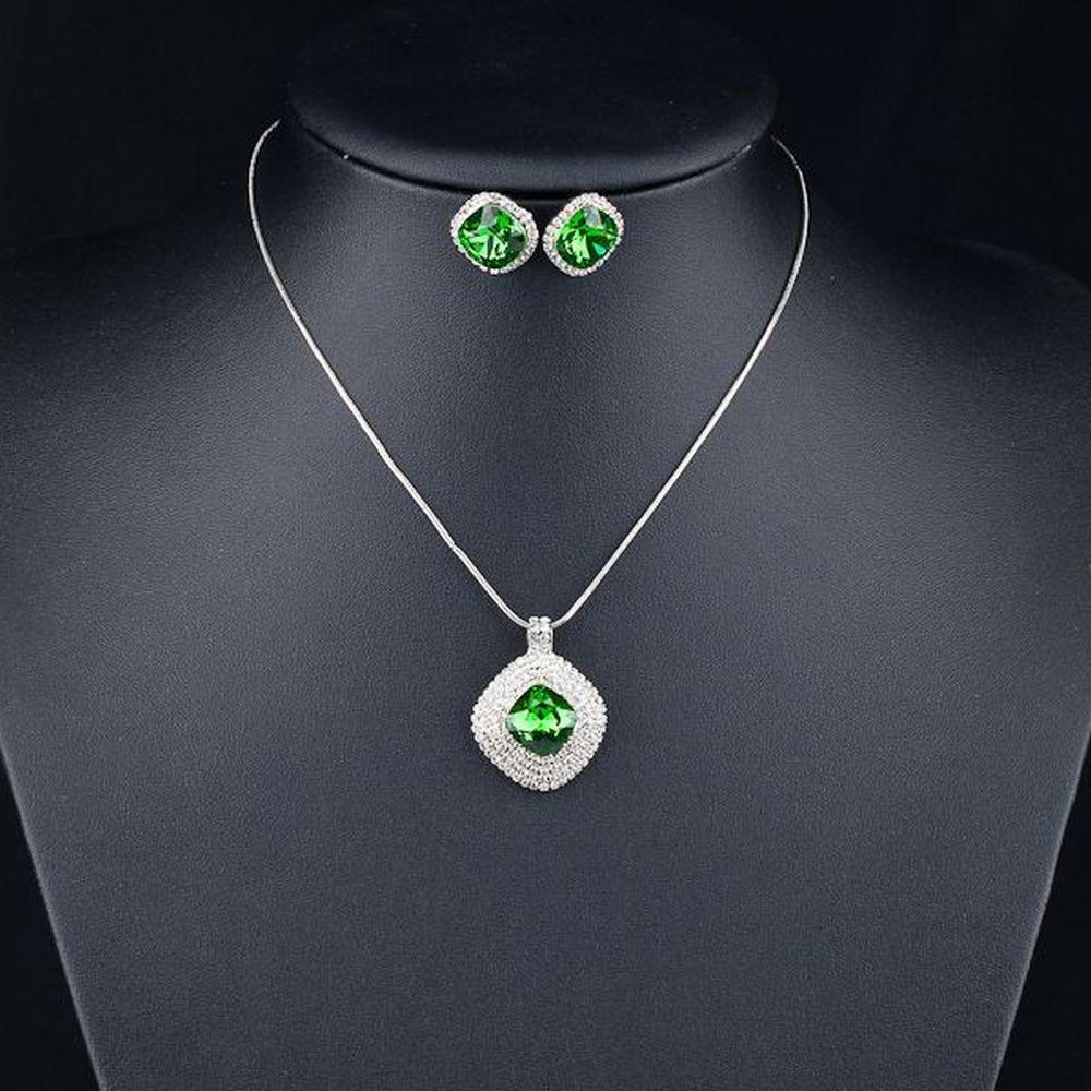 White Gold Green Rectangular Stellux Crystal Hoop Earrings and Necklace Set - KHAISTA Fashion Jewellery