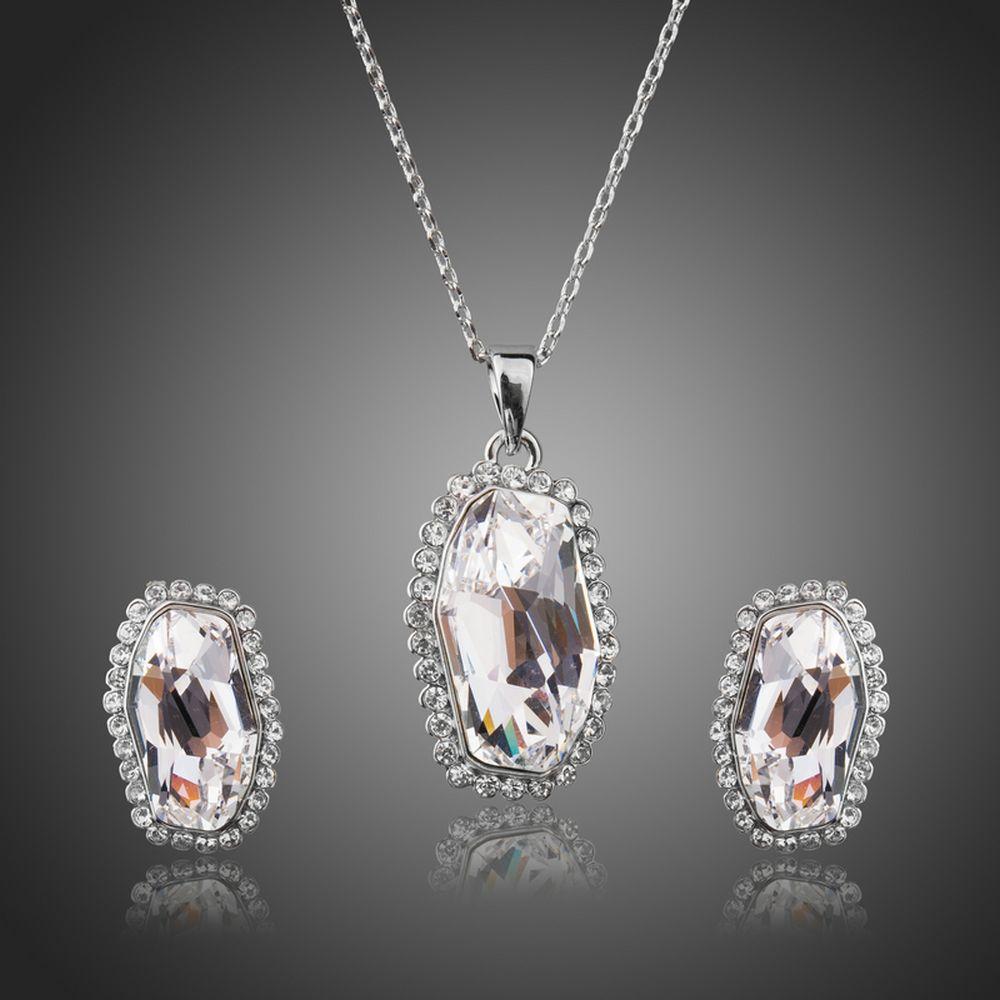 White Gold Irregular Cut Clear Austrian Crystal Jewelry Set - KHAISTA Fashion Jewellery