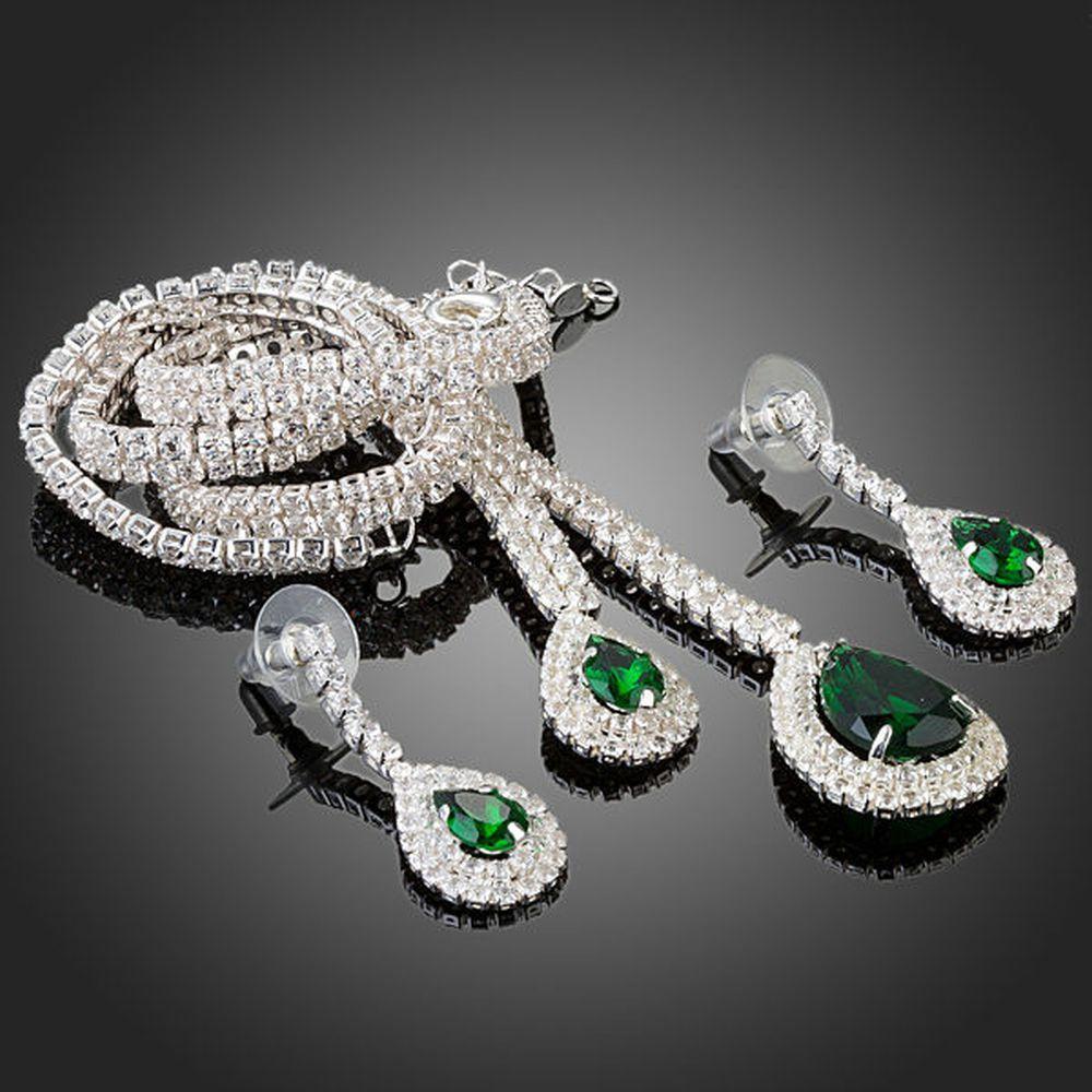 White Gold plated Green Bridal Jewelry Set - KHAISTA Fashion Jewellery