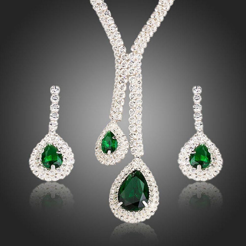 White Gold plated Green Bridal Jewelry Set - KHAISTA Fashion Jewellery