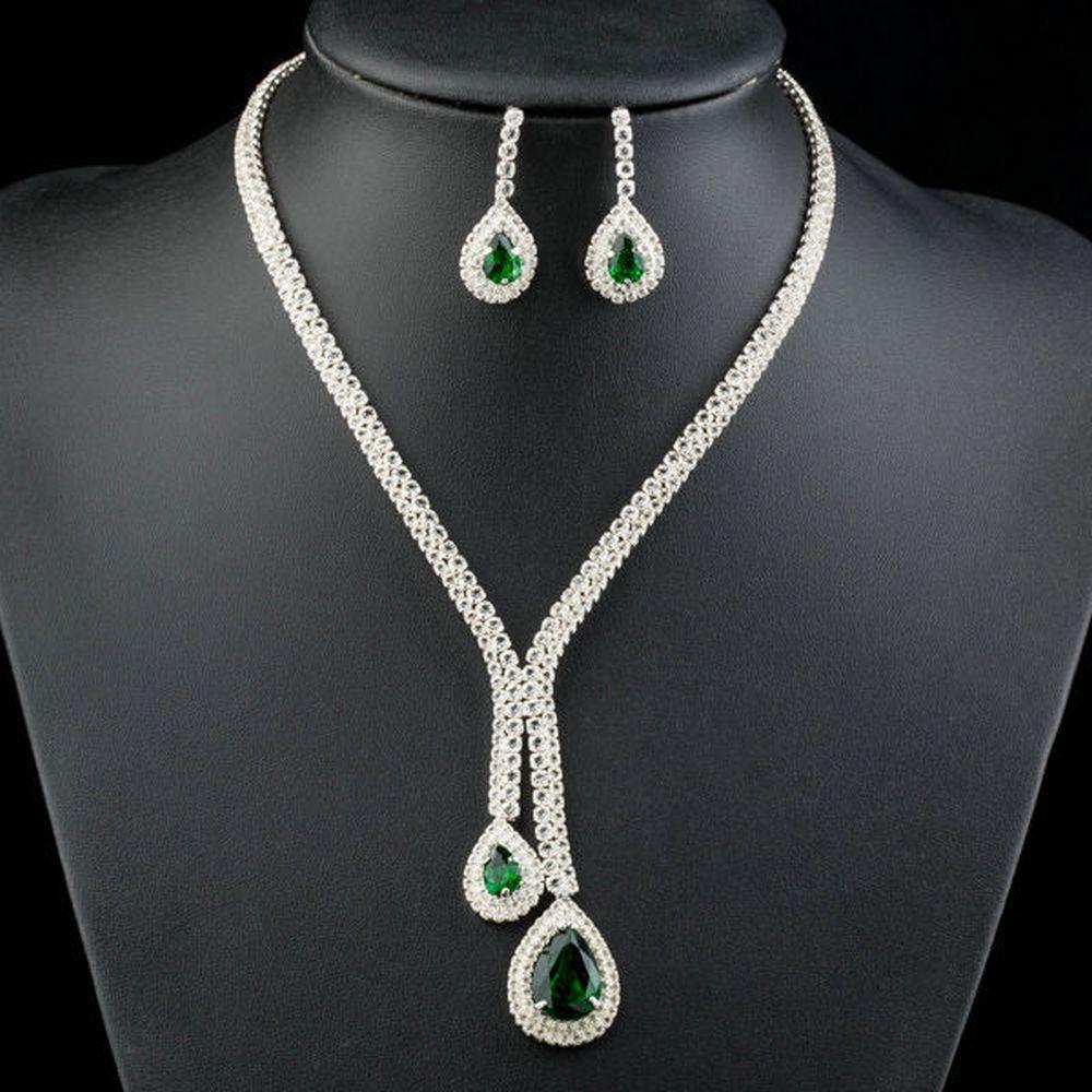 White Gold plated Green Bridal Jewelry Set - KHAISTA Fashion Jewellery