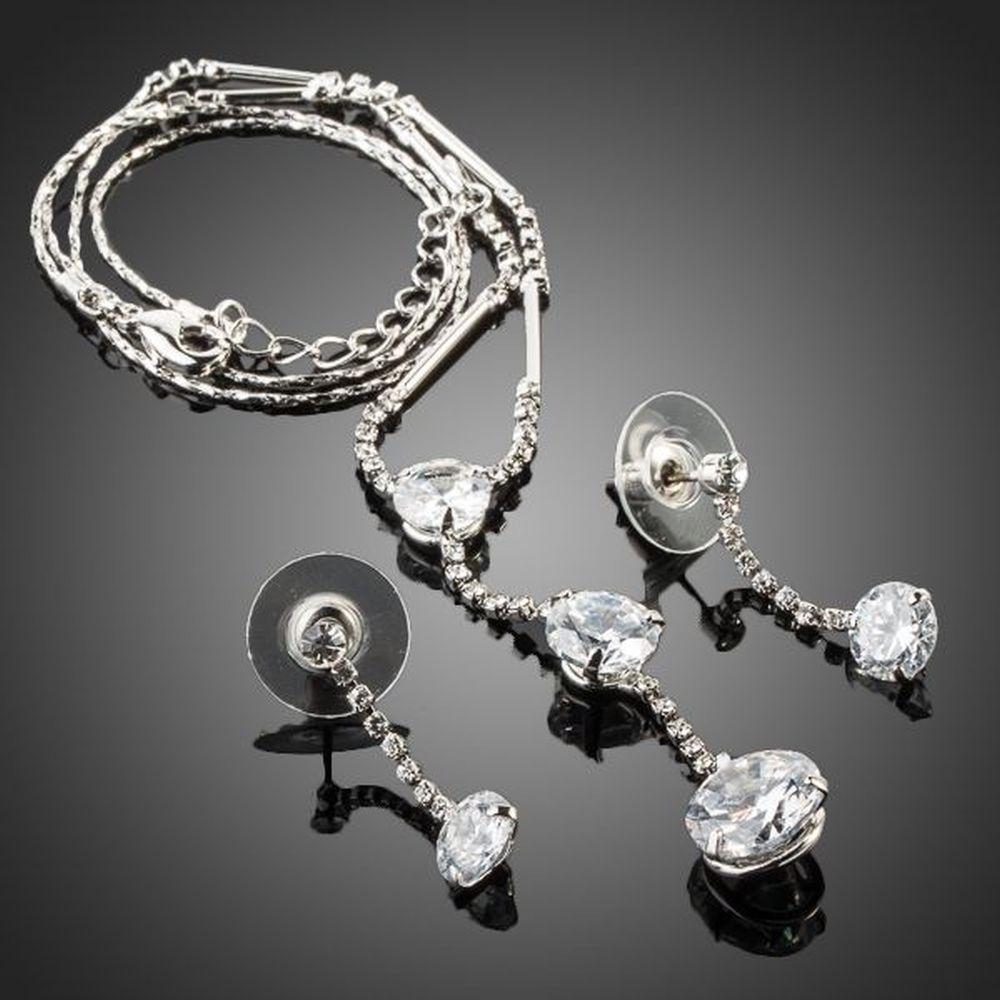 White Gold Stellux Austrian Crystal Water Drop Earrings and Necklace Jewelry Set - KHAISTA Fashion Jewellery