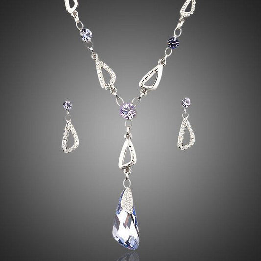 White Gold Stellux Drop Earrings and Water Drop Cubic Zirconia Necklace Set - KHAISTA Fashion Jewellery